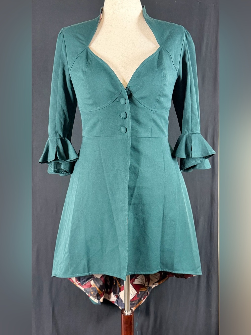 HP Hot Topic Emerald Green Long-Sleeve Fit-and-Flare high low Coat Ruffle Cuffs